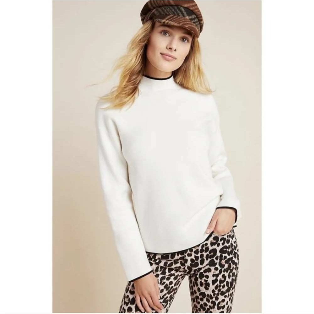 by Anthropologie Mock Neck Sweater Contrast Trim Long Sleeve Ivory Extra Small